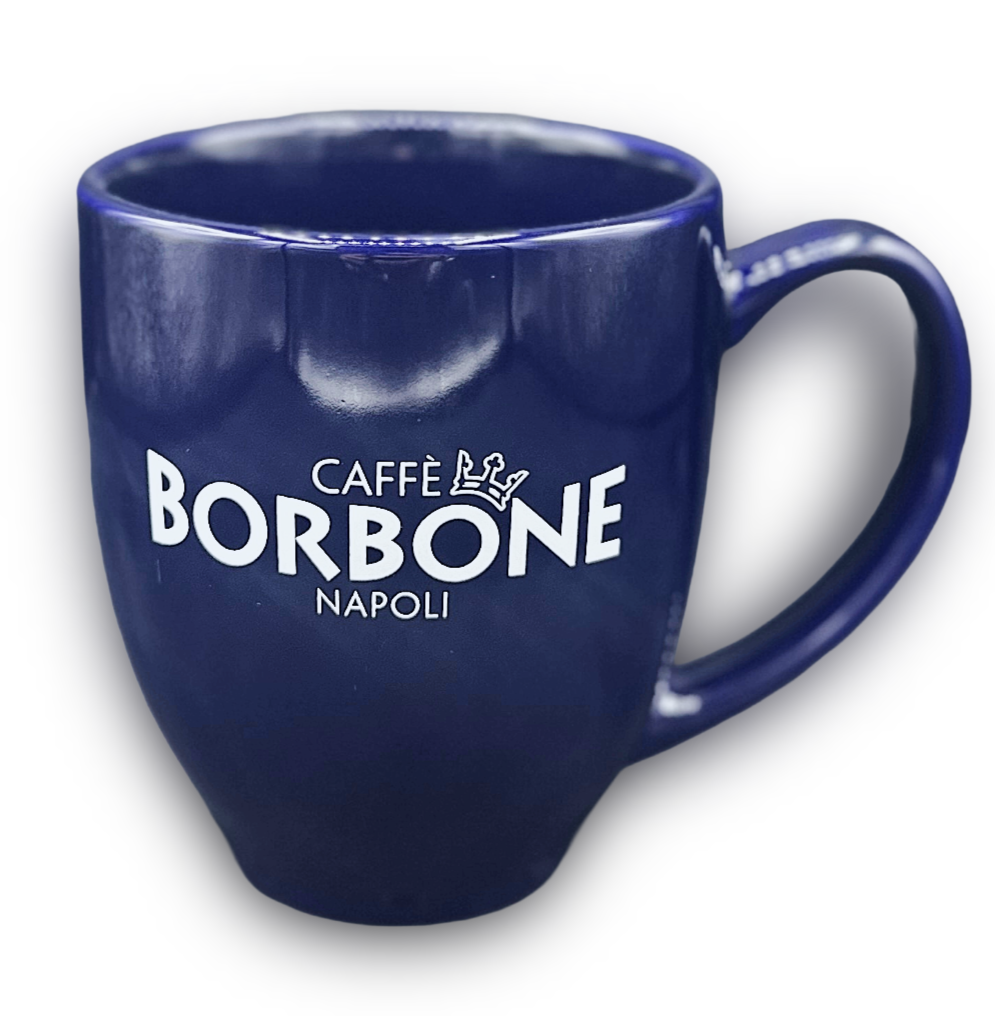 Caffe Borbone Ceramic Bistro Mug, navy blue ceramic coffee mug with white logo and inscription.