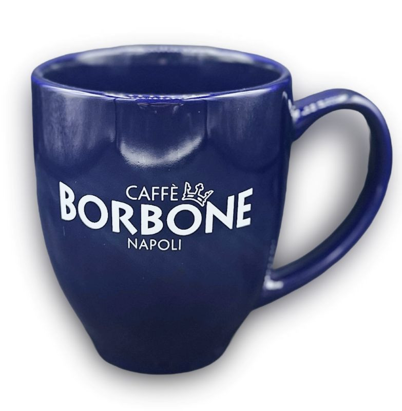 Caffe Borbone Ceramic Bistro Mug, navy blue ceramic coffee mug with white logo and inscription. - mobile gallery view