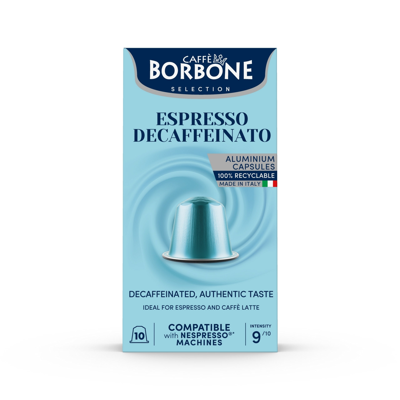 Caffe Borbone Decaffeinated Blend - Aluminum Nespresso®* Compatible Capsules, product packaging depicting a box of decaffeinated coffee capsules designed for Nespresso machines with a blue color theme and an image of a capsule.