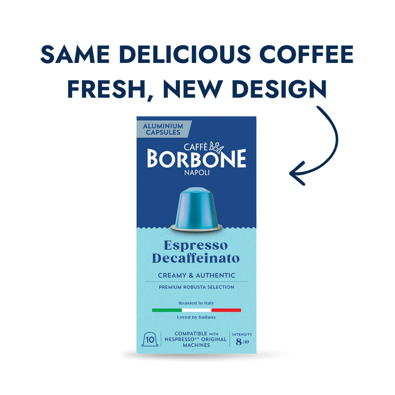 Caffe Borbone Decaffeinated Blend - Aluminum Nespresso®* Compatible Capsules, product package with blue capsules and branding details. - mobile gallery view