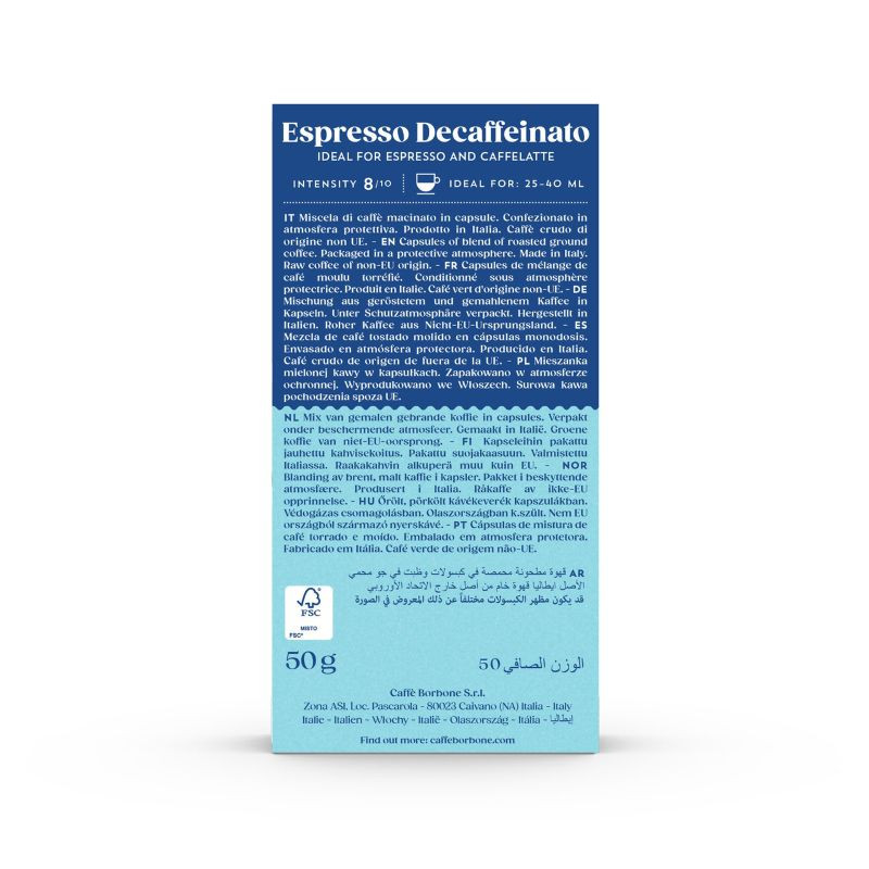 Caffe Borbone Decaffeinated Blend - Aluminum Nespresso®* Compatible Capsules, product packaging with detailed information and description. - mobile gallery view