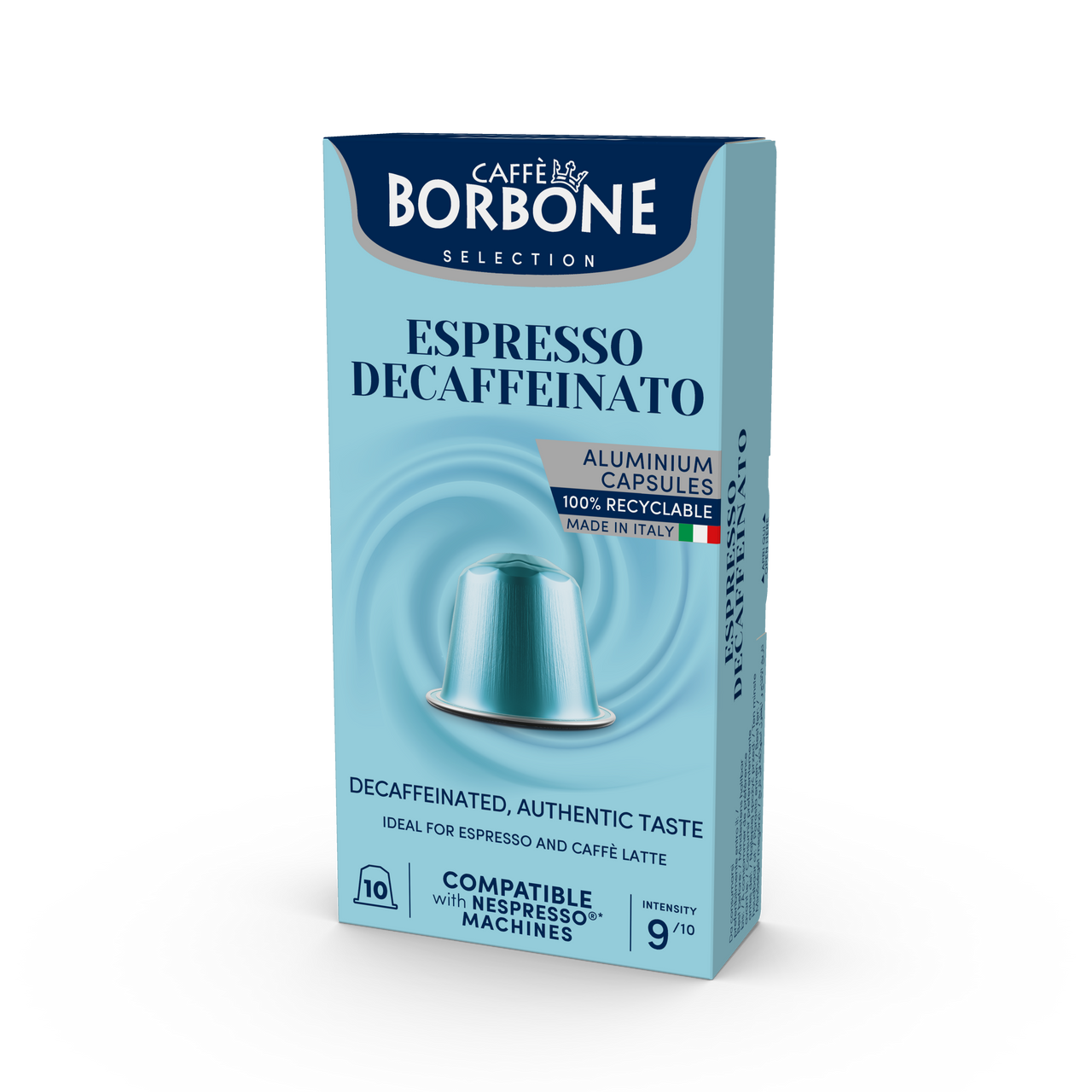 three-quarter view facing left of the front of a box of Caffe Borbone Espresso decaffeinto aluminum capsules. three-quarter view facing left of the front of a box of Caffe Borbone Espresso decaffeinto aluminum capsules.