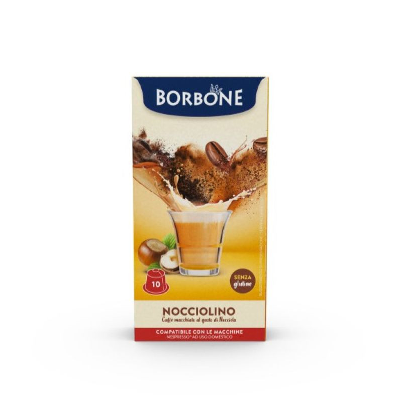 Caffe Borbone Hazelnut Flavored Drink, Nespresso®* Compatible Capsules box showing hazelnuts, coffee beans, and a glass of hazelnut flavored coffee with a splash, promoting a rich, nutty coffee experience. - mobile gallery view