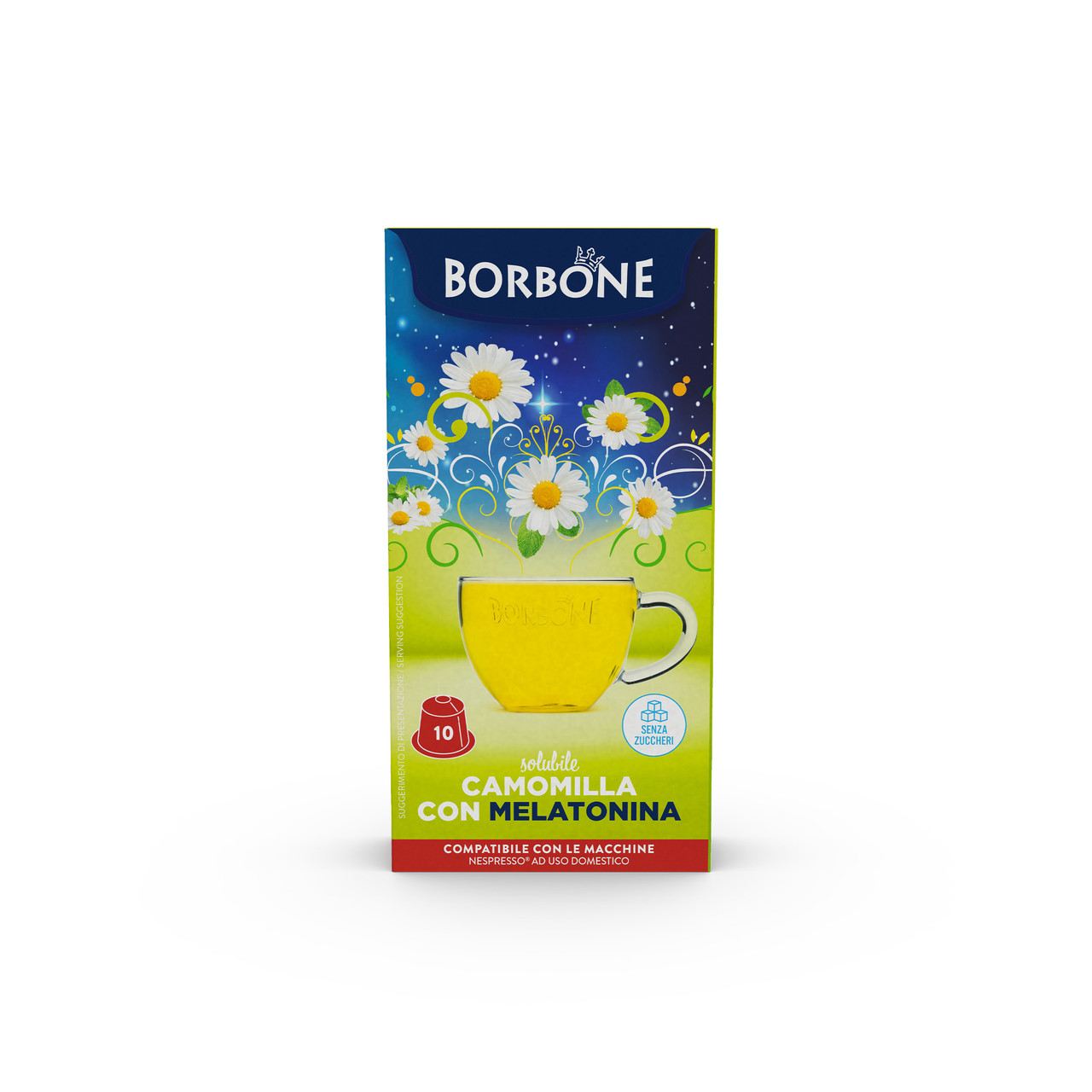 Caffe Borbone's Chamomile & Melatonin Herbal Tea Capsules box. Features an illustration of a steaming yellow tea cup with chamomile flowers, a nighttime sky, and text indicating compatibility with Nespresso® Original Line machines. Caffe Borbone's Chamomile & Melatonin Herbal Tea Capsules box. Features an illustration of a steaming yellow tea cup with chamomile flowers, a nighttime sky, and text indicating compatibility with Nespresso® Original Line machines.