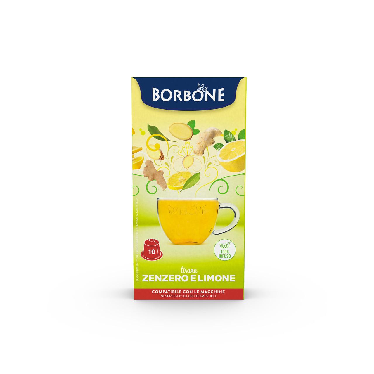 Caffe Borbone Ginger & Lemon Flavored Herbal Tea Drink, Nespresso®* Compatible Capsules, box featuring lemon, ginger, and herbal ingredients with a prepared tea in a glass cup.