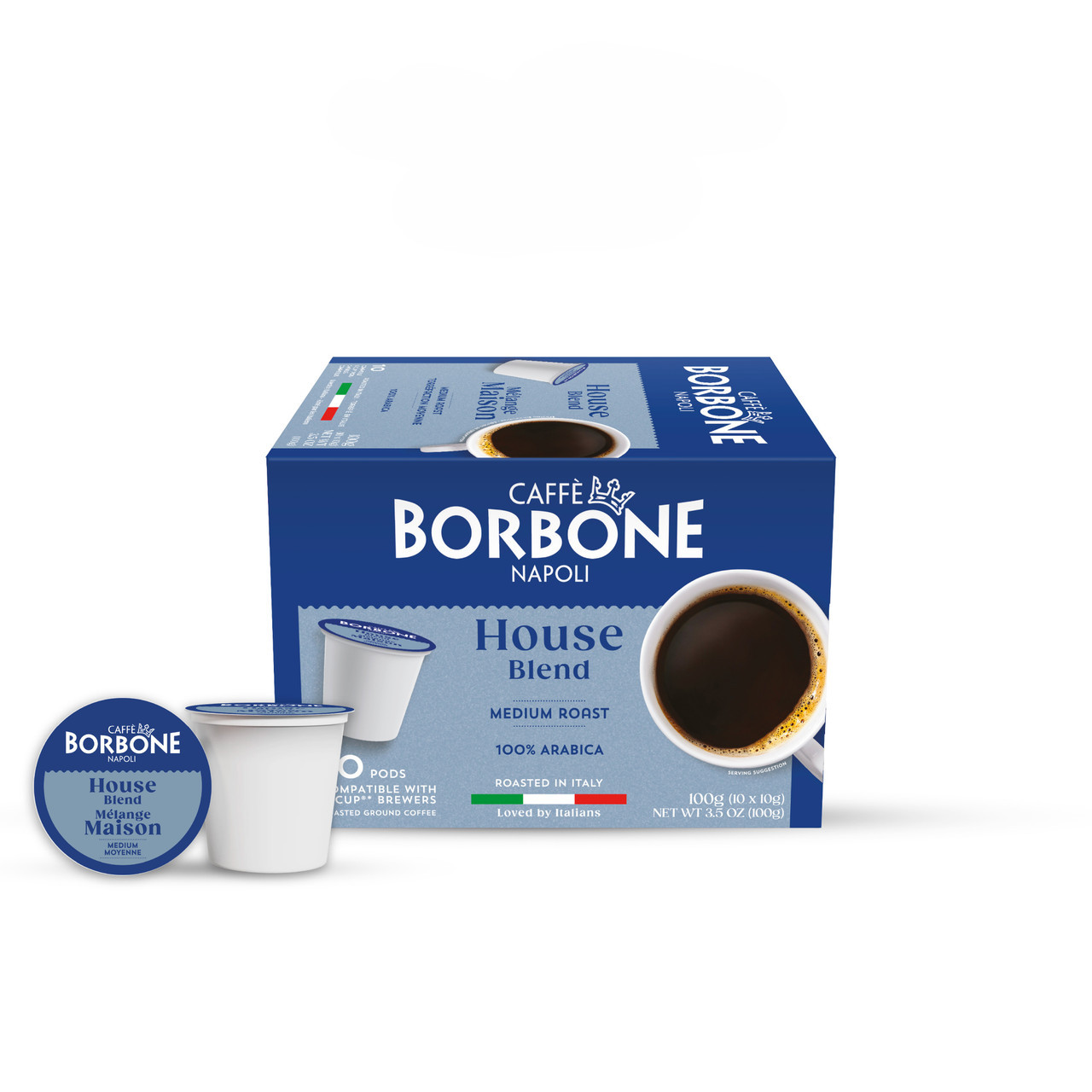 Caffe Borbone House Blend Keurig K-Cup® Pods, coffee cups and packaging, medium roast, 100% Arabica, Italian roasted coffee for K-Cup® brewers. - mobile product gallery image