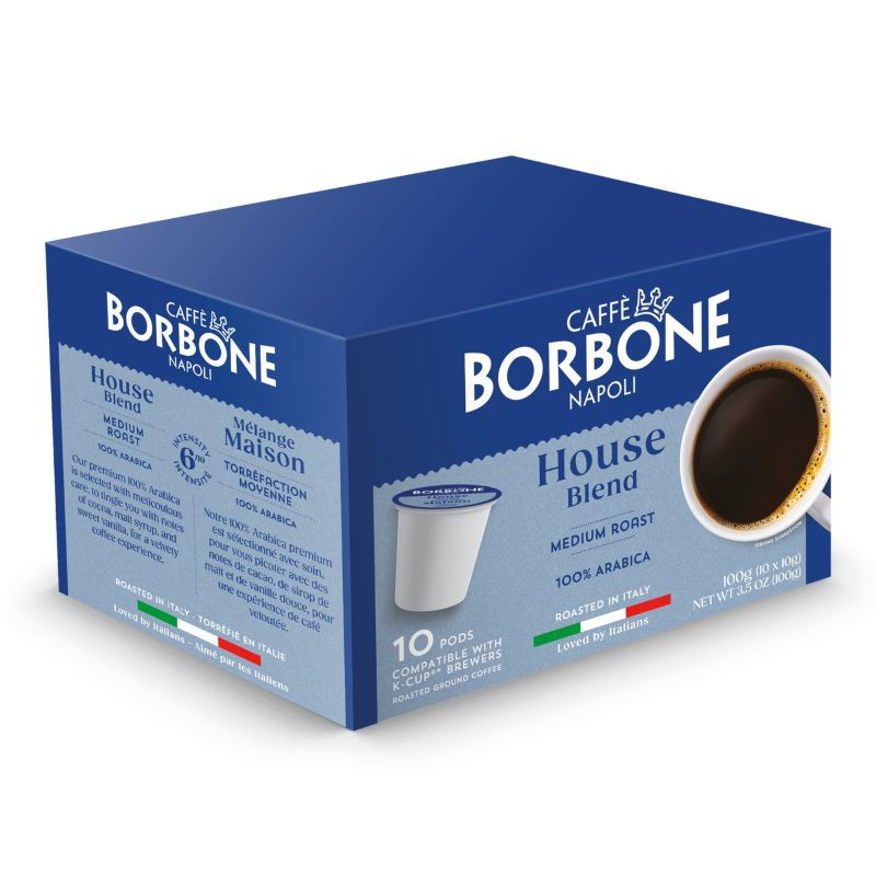 Caffe Borbone House Blend Keurig K-Cup® Pods, box of 10 medium roast, 100% Arabica coffee pods with an image of a cup of black coffee on the packaging. - mobile gallery view