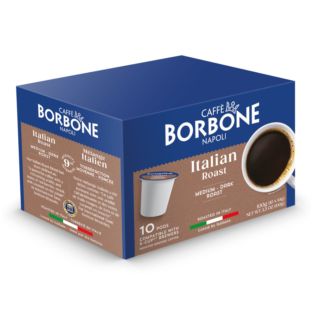 Caffe Borbone Italian Roast Keurig K-Cup® Pods, box containing 10 medium to dark roast pods with an image of a cup of coffee.