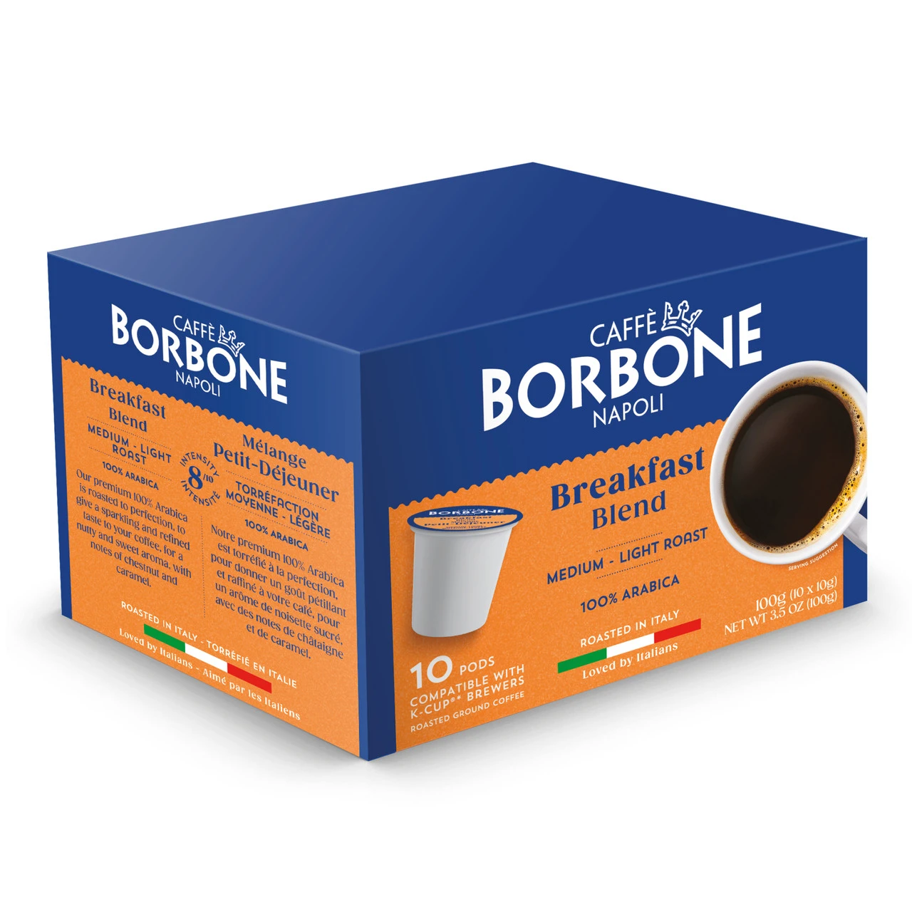 Caffe Borbone Breakfast Blend Keurig K-Cup® Pods, blue and orange box with an image of a coffee cup and information about the medium roast, 100% Arabica, 10 pods, compatible with Keurig brewers, and roasted in Italy.