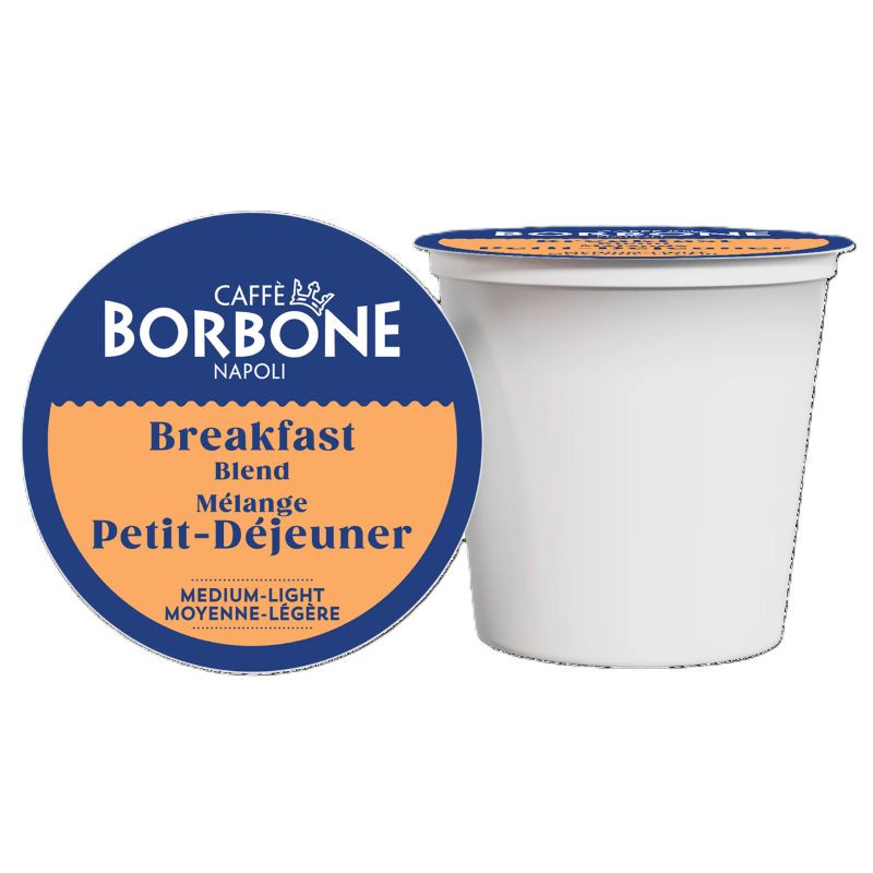 Caffe Borbone Breakfast Blend Keurig K-Cup® Pods, white coffee pod with blue and orange label design, featuring the brand name, product type, and flavor description. - mobile gallery view