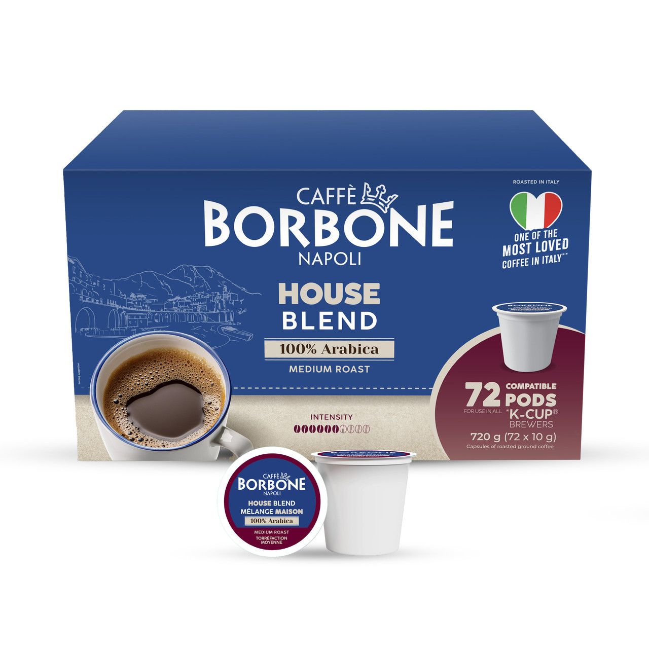 Caffe Borbone House Blend Keurig K-Cup® Pods, blue box packaging with Italian scenery illustration, a cup of coffee, and details about product strength and quantity.