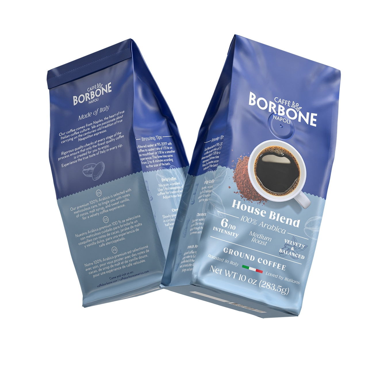 Caffe Borbone House Blend Ground Coffee, blue packaging with coffee cup image and Italian flag, 10 oz net weight, medium roast, velvety and balanced flavor, 100% Arabica beans.