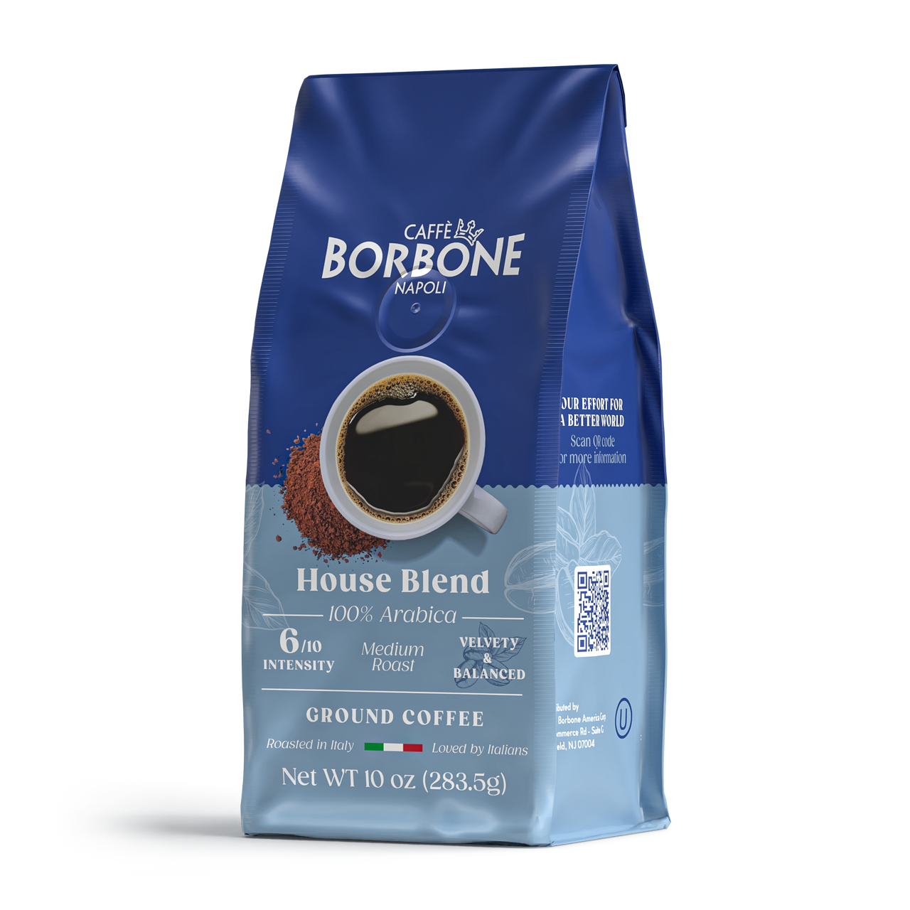 Caffe Borbone House Blend Ground Coffee, blue packaging with an image of a coffee cup and ground coffee, 100% Arabica, medium roast, 6/10 intensity, net weight 10 oz (283.5g). - mobile gallery view
