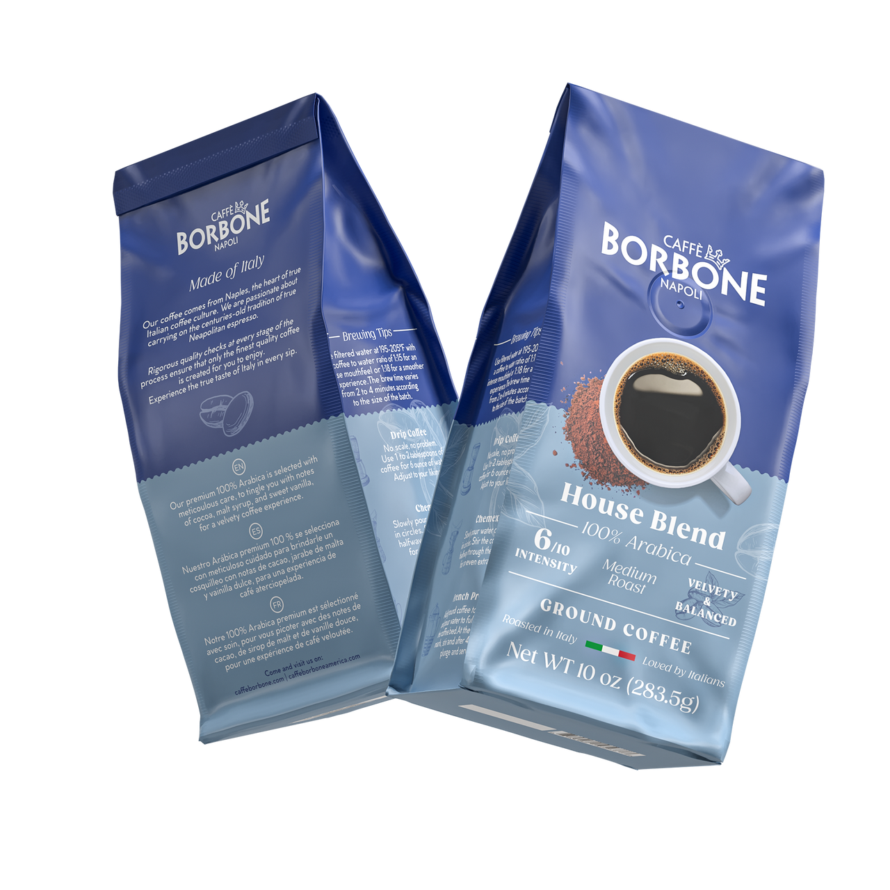 Caffe Borbone House Blend Ground Coffee, blue packaging with coffee cup image and Italian flag, 10 oz net weight, medium roast, velvety and balanced flavor, 100% Arabica beans. - mobile gallery view