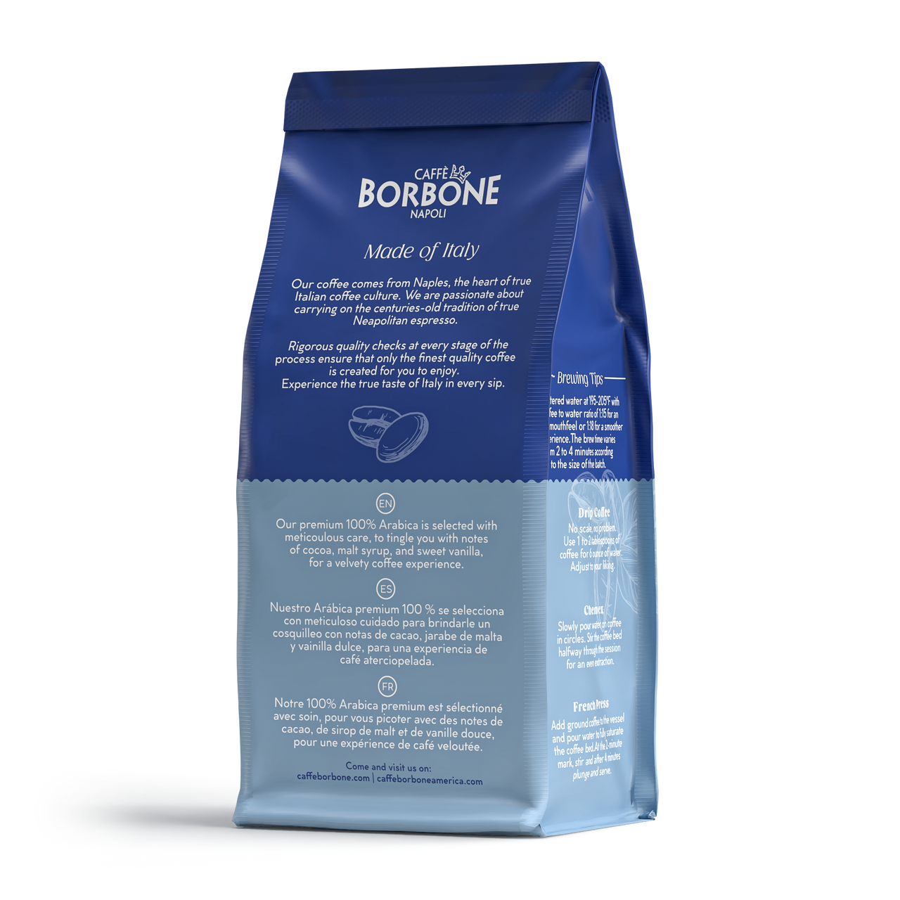 Caffe Borbone House Blend Ground Coffee, blue packaging bag with Italian branding and information about the coffee quality and preparation instructions. - mobile gallery view