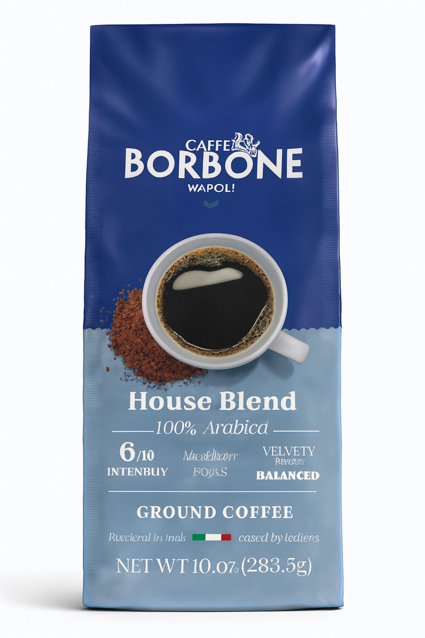 Caffe Borbone House Blend Ground Coffee, blue packaging with a cup of brewed coffee and coffee grounds, 10.07 oz (283.5g) net weight, 100% Arabica - mobile gallery view