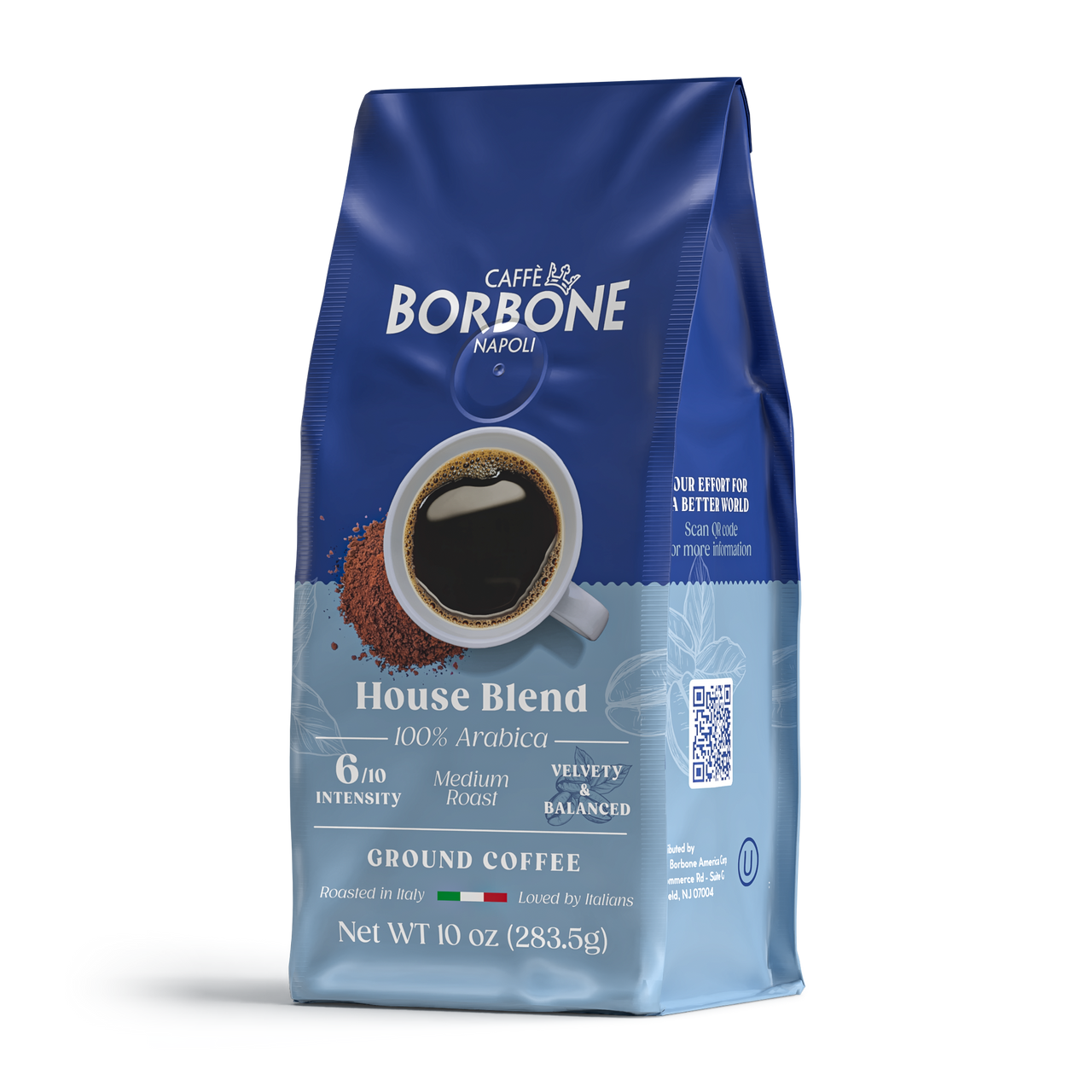 Bag of Ground Coffee in the House Blend by Caffe Borbone. Top half of the packaging is in the Caffe Borbone blue and the bottom half is in a lighter blue color to help you identify it's the House Blend. Bag of Ground Coffee in the House Blend by Caffe Borbone. Top half of the packaging is in the Caffe Borbone blue and the bottom half is in a lighter blue color to help you identify it's the House Blend.