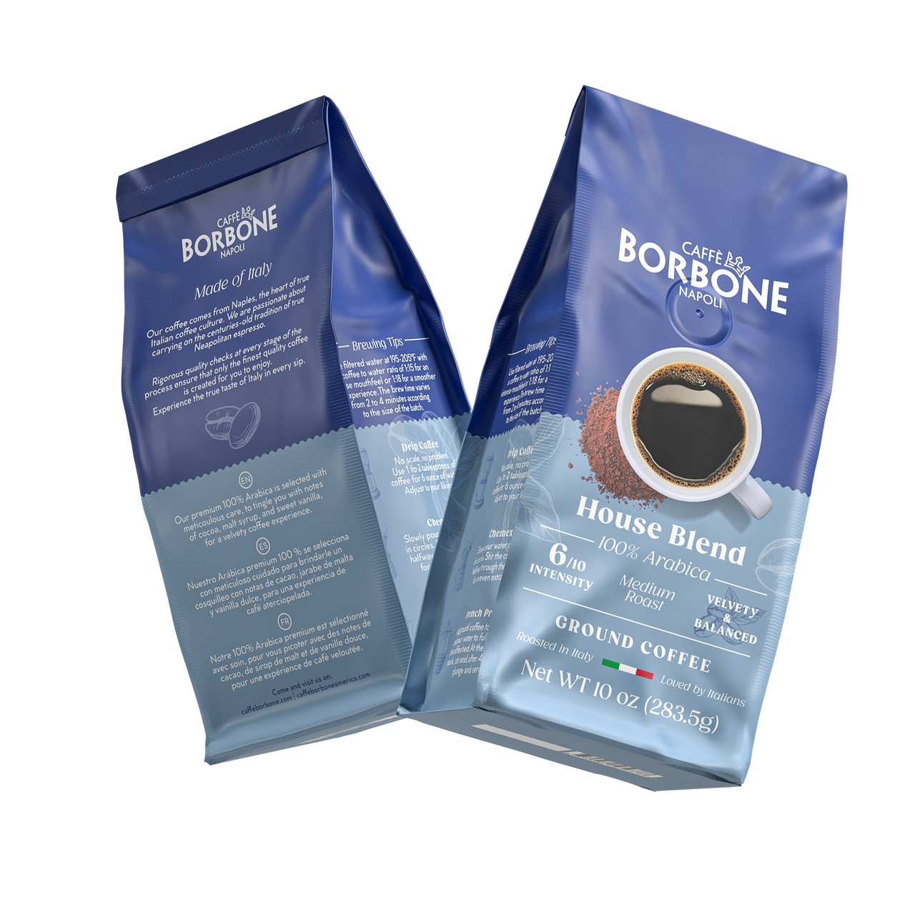 picture of the front and back of a bag of Caffe Borbone House blend medium roast. The bags are positioned to form a "V" picture of the front and back of a bag of Caffe Borbone House blend medium roast. The bags are positioned to form a "V"