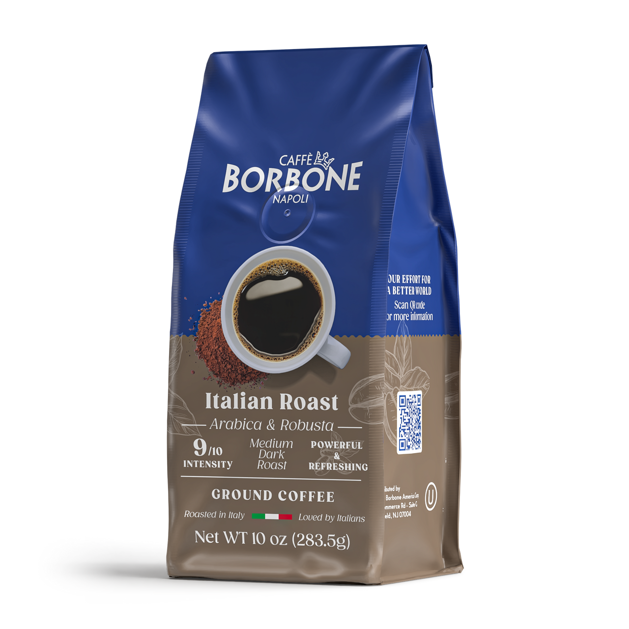 Bag of Ground Coffee in the Italian Roast by Caffe Borbone. Top half of the packaging is in the Caffe Borbone blue and the botton half is in a gray-brown color to help you identify it's the Italian Roast blend. Bag of Ground Coffee in the Italian Roast by Caffe Borbone. Top half of the packaging is in the Caffe Borbone blue and the botton half is in a gray-brown color to help you identify it's the Italian Roast blend.