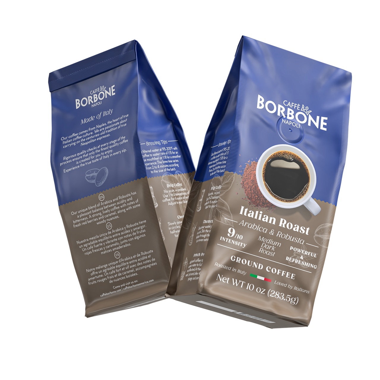 picture of the front and back of a bag of Caffe Borbone Italian Roast Medium-Dark blend. The bags are positioned to form a "V" picture of the front and back of a bag of Caffe Borbone Italian Roast Medium-Dark blend. The bags are positioned to form a "V"