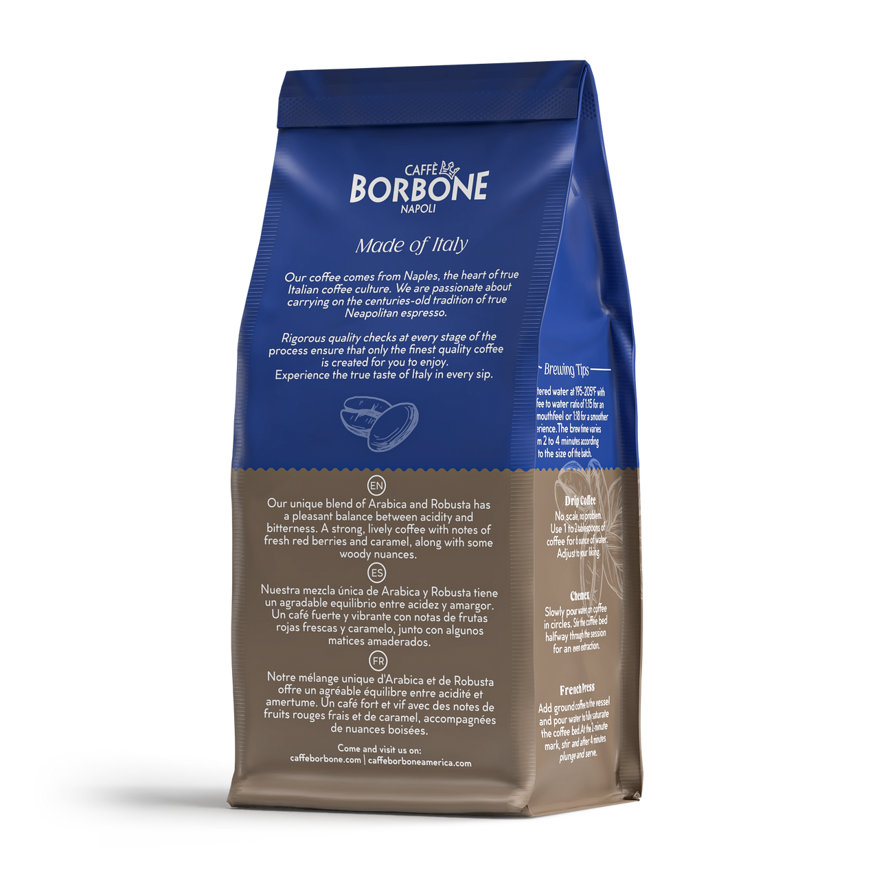 Bag of Ground Coffee in the Italian Roast by Caffe Borbone. Top half of the packaging is in the Caffe Borbone blue and the bottom half is in a gray-brown color to help you identify it's the Italian Roast blend. - mobile gallery view