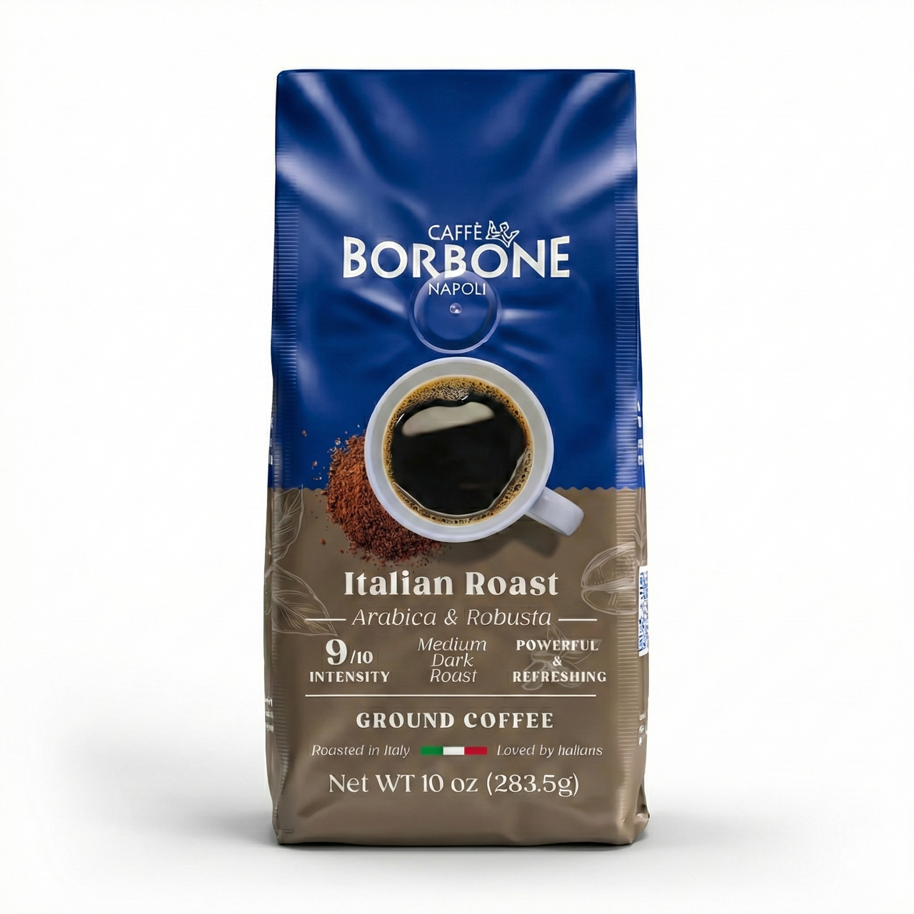 Caffe Borbone Italian Roast Ground Coffee, blue and beige packaging with a coffee cup and coffee grounds image.