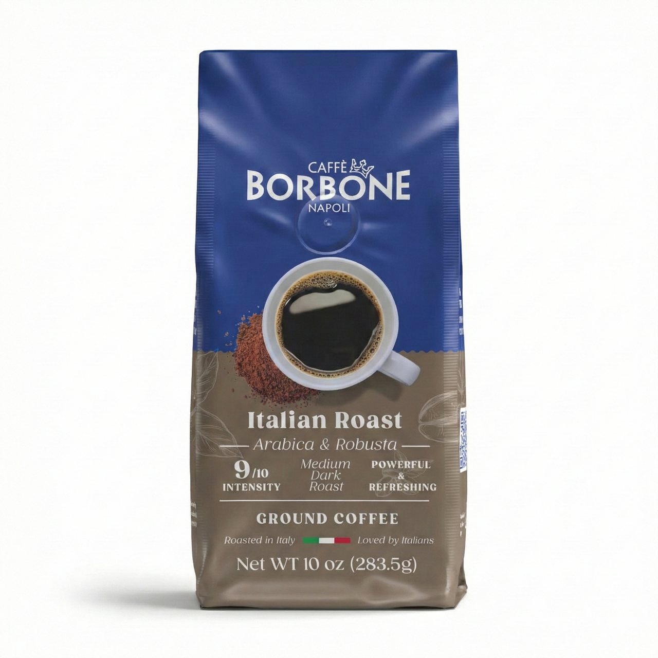 Caffe Borbone Italian Roast Ground Coffee, bag of medium dark roast coffee with Arabica and Robusta beans, 10 oz, packaged in a blue and brown bag.
