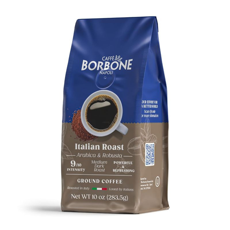 Caffe Borbone Italian Roast Ground Coffee, blue and brown packaging with a cup of black coffee and coffee grounds, featuring Italian Roast Arabica and Robusta beans, 10 oz package. - mobile gallery view
