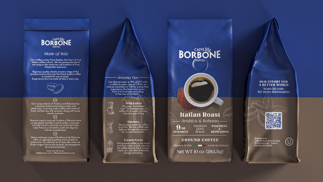 picture showing the front site and back of a bag of Caffe Borbone Italian roast 10 oz bag picture showing the front site and back of a bag of Caffe Borbone Italian roast 10 oz bag