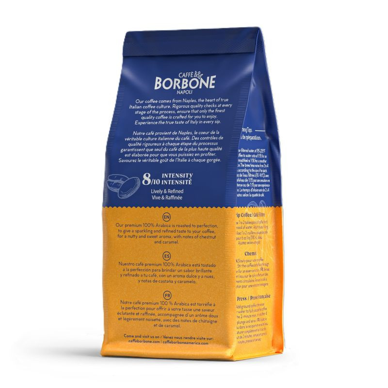 Caffe borbone Breakfast Blend ground coffee back of package with multiple languages - mobile gallery view