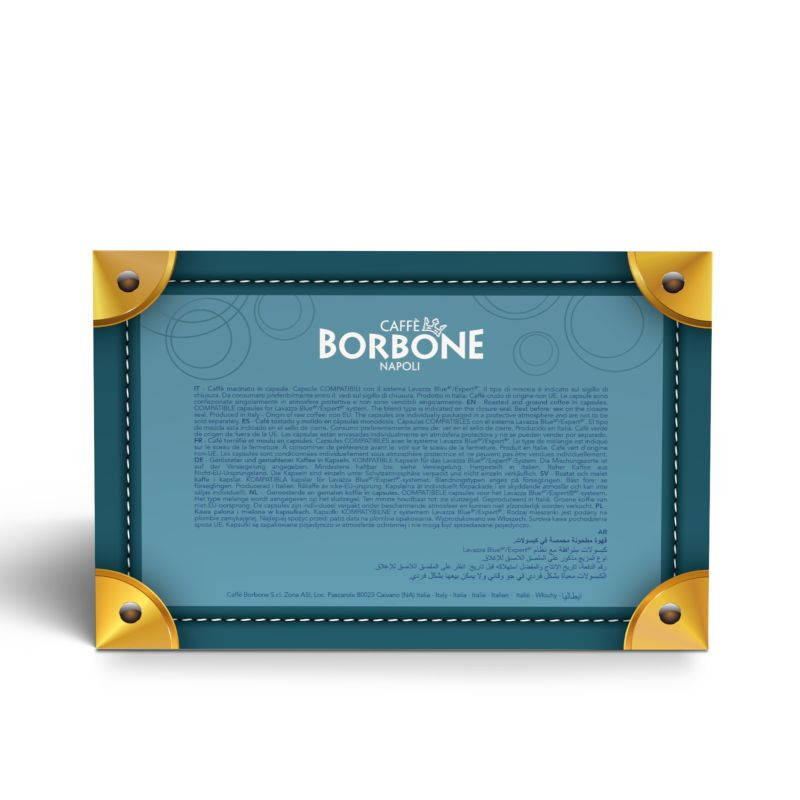 back side view of Caffe Borbone compatible capsules box for Lavazza Blue machines - mobile gallery view