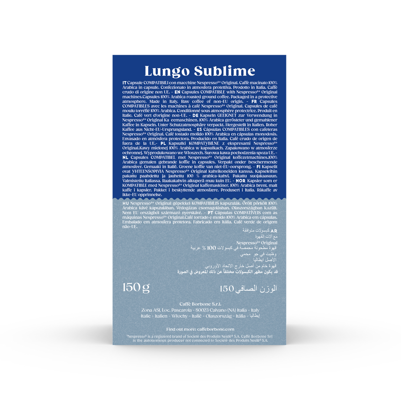 Back of Caffe Borbone 10 Count Lungo Sublime 100% Arabica Coffee in Aluminum Capsules for Nespresso Original Machines