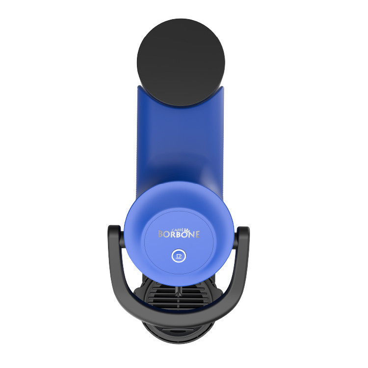 Caffe Borbone Simply Moon Single Serve Espresso Machine, blue and black compact espresso maker with a circular top and front button control. - mobile gallery view