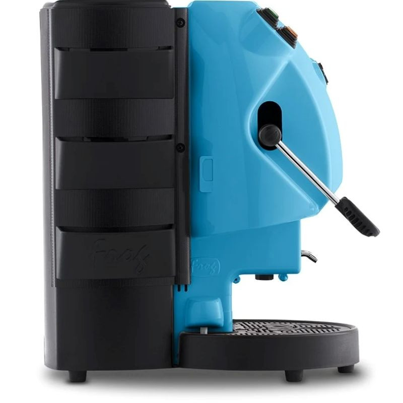 Didiesse Frog Collection ESE Pod Espresso Machine left side with the filter lever down. In the color Miami Blue - mobile gallery view