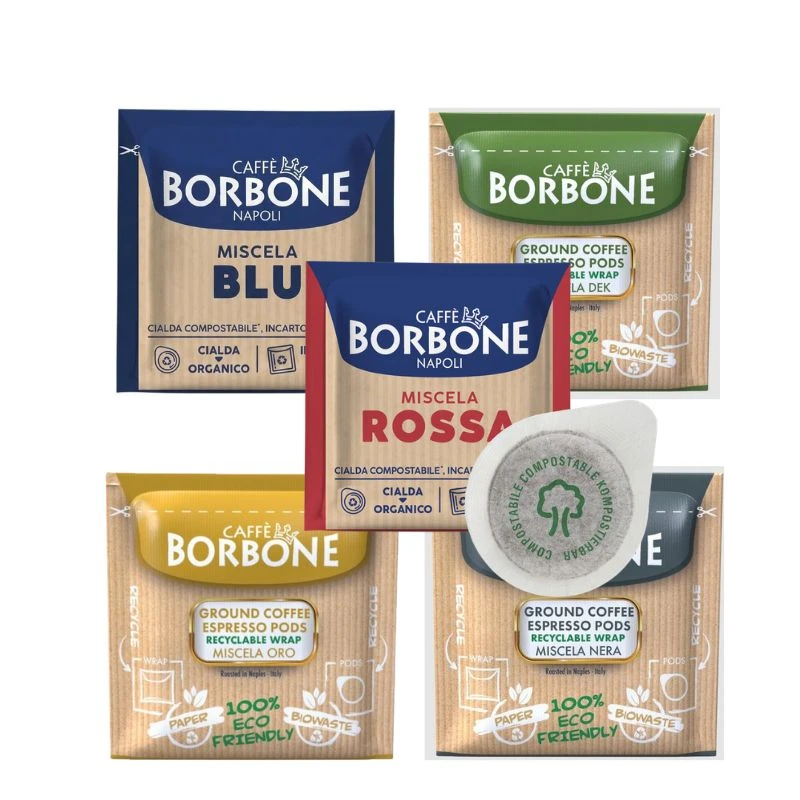 Caffe Borbone ESE Paper Espresso Pods, 1 of each blend, Miscela Blu, Miscela DEK, Miscela Oro, Miscela Nera, Miscela Rossa - mobile gallery view