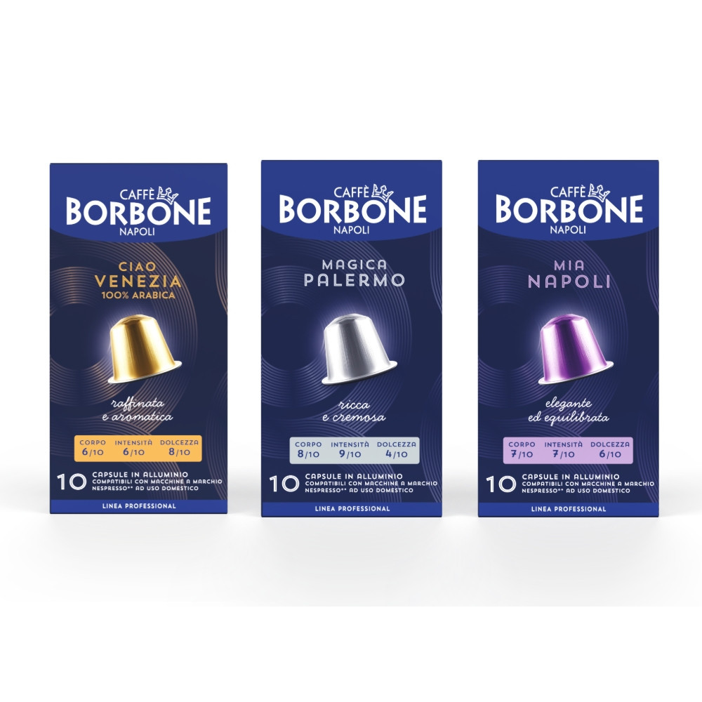Caffe Borbone Aluminum Nespresso®* Machine Compatible Mini Tasting Kit, three boxes of coffee capsules in different flavors and colors. - mobile gallery view
