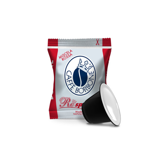 Caffe Borbone Miscela Rossa - Nespresso®* OriginalLine Compatible Capsules, a black coffee capsule with white interior and a packaging bag in red, white, and blue with the Caffe Borbone logo and product details.