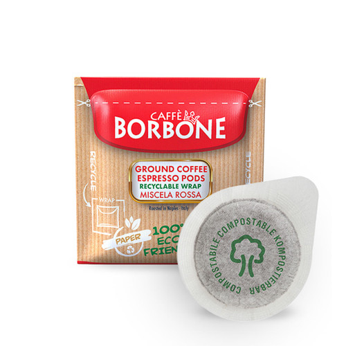 Caffe Borbone's ESE paper pod in Miscela Rossa (Red), packaging and paper pod are shown slightly overlapping