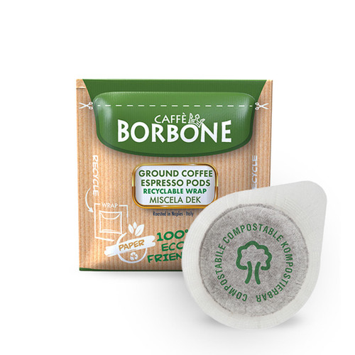 Caffè Borbone Miscela DEK (Decaf) Espresso Paper Pod, 100% eco-friendly recyclable paper and compostable pod, green and beige wrapper. with paper pod overlay