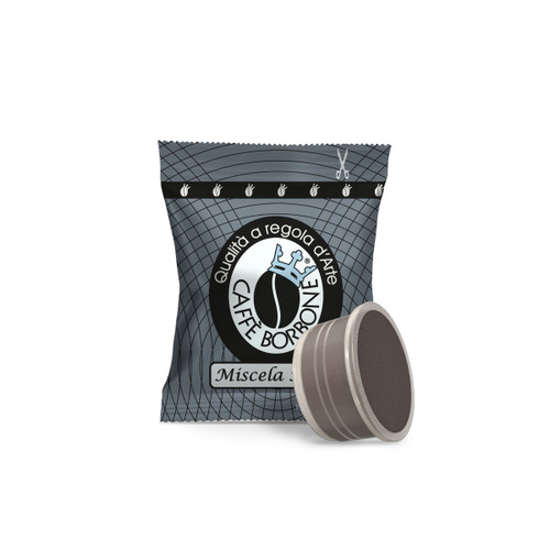 front facing image of an individually wrapped Lavazza Espresso Point coffee pod, Miscela Nera, black blend with pod pictured front facing image of an individually wrapped Lavazza Espresso Point coffee pod, Miscela Nera, black blend with pod pictured