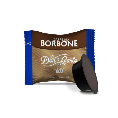 Front view of and individually wrapped Caffe Borbone Don Carlo Miscela blue Lavazza pod Front view of and individually wrapped Caffe Borbone Don Carlo Miscela blue Lavazza pod
