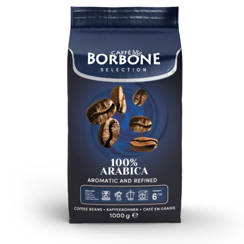 Caffe Borbone 100% Arabica Whole Bean Coffee, dark blue packaging with coffee bean images and product details.