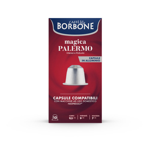 Caffe Borbone Magica Palermo Blend - Aluminum Nespresso®* Machine Compatible Capsules, packaging of 10 coffee capsules featuring a silver aluminum capsule image on a red background.