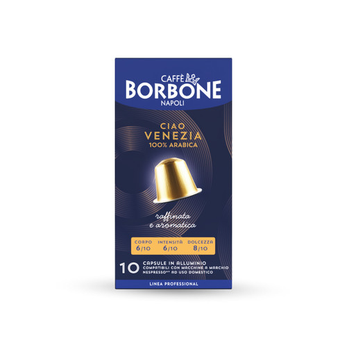 Caffe Borbone Ciao Venezia Blend - Aluminum Nespresso®* Machine Compatible Capsules, product packaging showing golden coffee capsule, navy blue background, and product details.