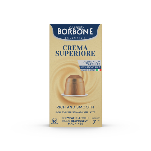 Caffe Borbone Crema Superiore - Aluminum Nespresso®* Compatible Capsules, beige and blue packaging with an image of a coffee capsule and information about compatibility and recyclability.