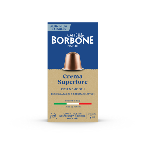 Caffe Borbone Crema Superiore - Aluminum Nespresso®* Compatible Capsules, beige and blue packaging with an image of a coffee capsule and information about compatibility and recyclability.