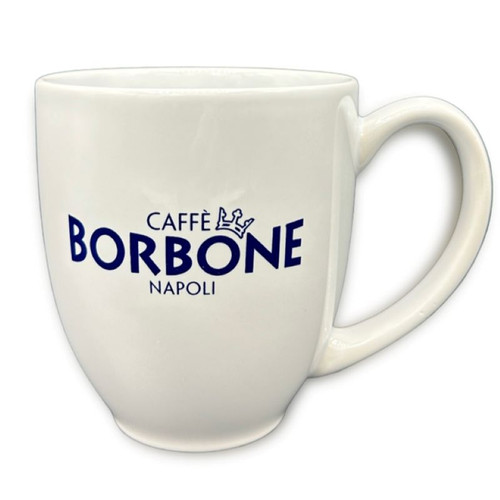 Caffè Borbone Ceramic Bistro Mug in white with navy logo, 15 oz, clean and modern shape.