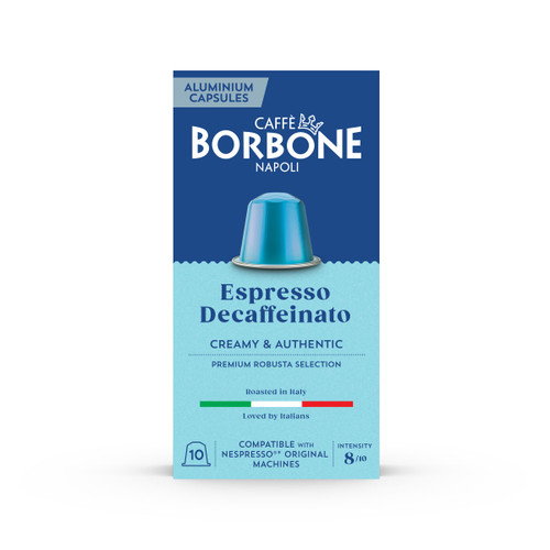 Caffe Borbone's Espresso Decaffeinato Nespresso?? Original Compatible Aluminum Capsule in a light blue box