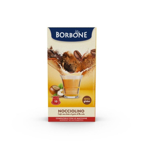 Caffe Borbone Hazelnut Flavored Drink, Nespresso®* Compatible Capsules box showing hazelnuts, coffee beans, and a glass of hazelnut flavored coffee with a splash, promoting a rich, nutty coffee experience.