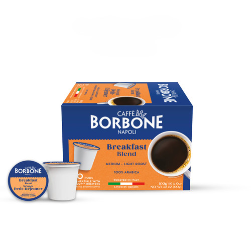 Caffe Borbone Breakfast Blend Keurig K-Cup® Pods, box with coffee cups and pods, medium-light roast, 100% Arabica, Italian roasted, for coffee brewing.
